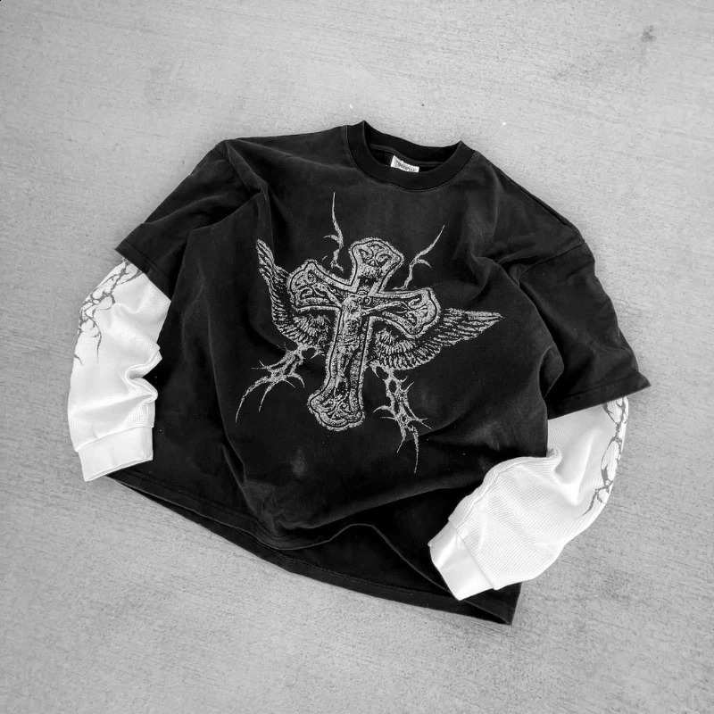 Goth Printed Long Sleeve Graphic Clothing Street Haruku Hip Hop Mens T Shirts Loose Casual Men Clothes Tops 240823