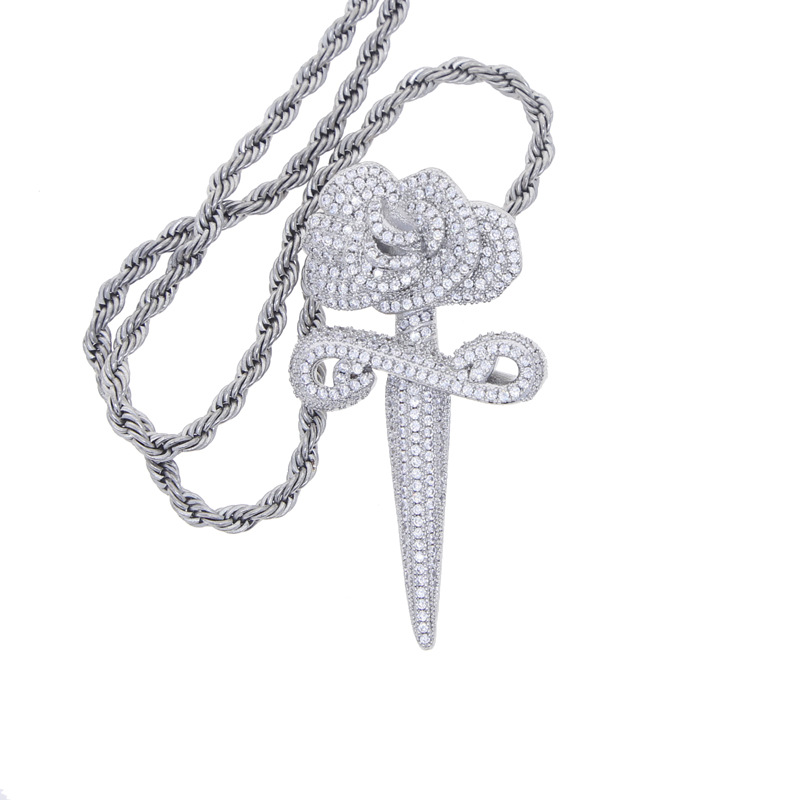 Hip Hop Rose Flower Cross Pendant Necklace 5A Zircon White Gold Plated Religious Jewelry