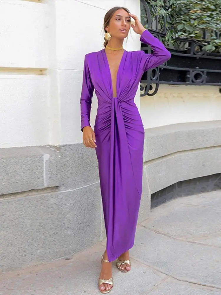 Women Fashion Sexy Slim Dress Urban Elegant Deep V-neck High Waist Dresses Lady Solid Shoulder Pads Long Sleeve High Street Robe 240823