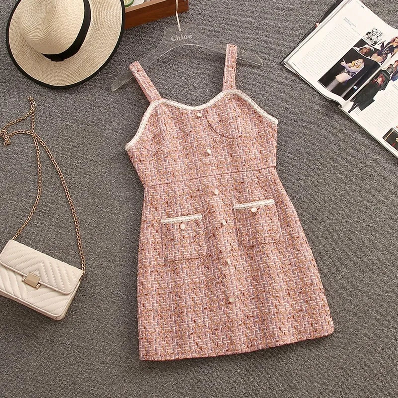 Autumn Winter Dress Suits Womens Vintage Tweed Jacket Coat Slim Suspenders Short Dress Two-piece Sets Lady Outfit 240823