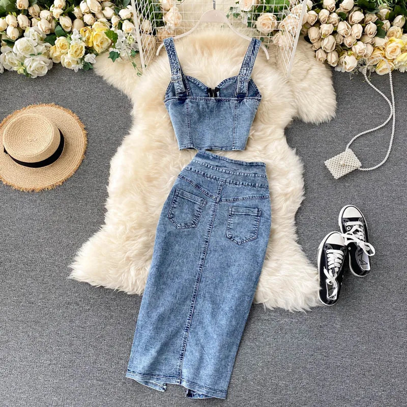 Amolapha Women Jeans Tank VestSkirts Sets Woman Girls Slim Denim Straps Tops Buttons Maxi Skirt Suits 240823
