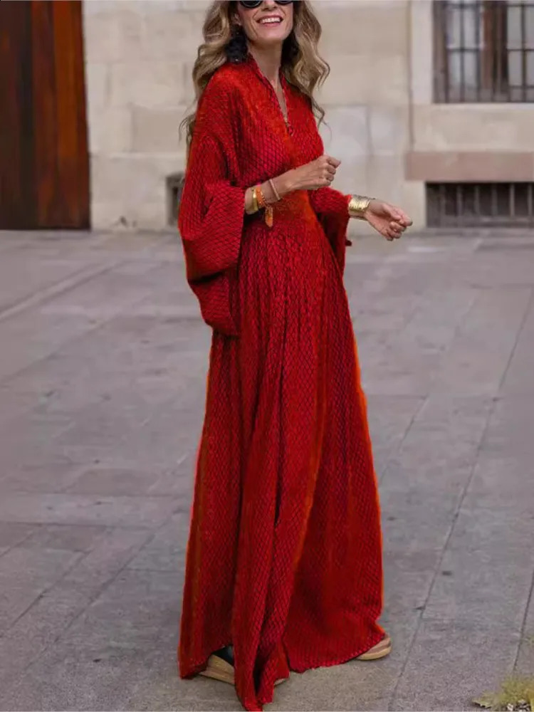Vintage Boho Womens Casual Dress Sping Fall Fashion V-neck Lantem Sleeve Folds Waist Loose Maxi Streetwear Dresses For Women 240822