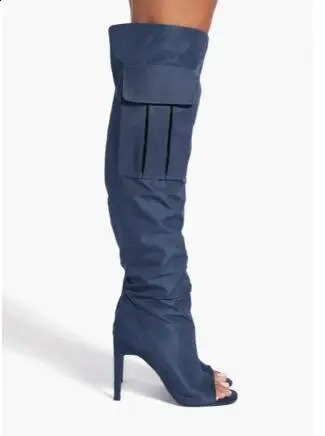 Camouflage military green peeping toe pocket knee high boots womens patch work slim high heels long fashion Botas shoes women 240823