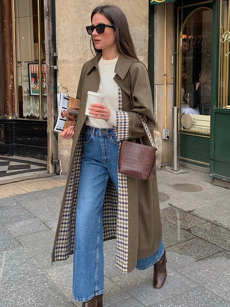 Retro Loose Long Trench Coat Women Classic Solid Single-Breasted Lapel Pockets Windbreaker Jacket Female Autumn Khaki Outwear 240822