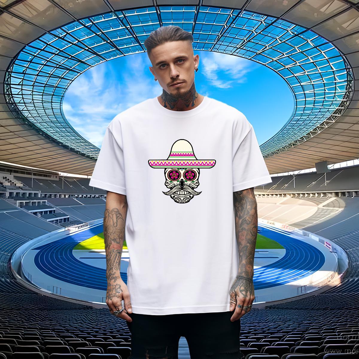Loose T-Shirts for Men 230g 100% Cotton skull Casual Black White Breathable Short Sleeve Men Tees Fashion Clothings