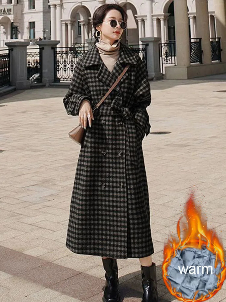 Winter Warm Plaid Long Woolen Jacket Korean Loose Cotton Padded Lined Wool Blend Chamarras Woman Thicken Lapel Coats With Belt 240822