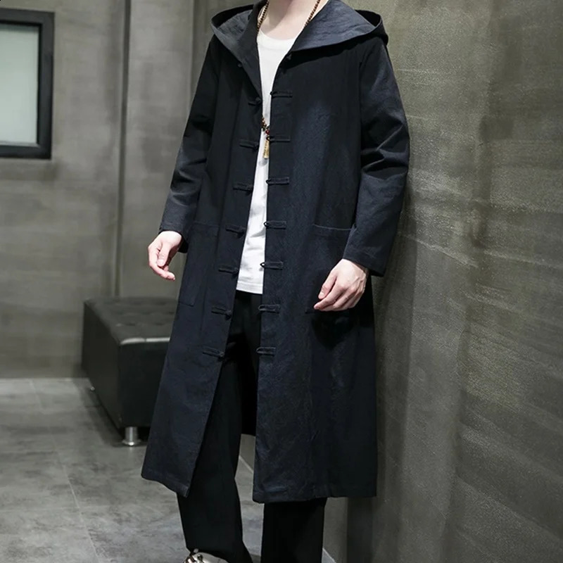Fashion Men Hooded Sweatshirts Black Hip Hop Cotton Linen Hoodies Vintage Long Sleeve Cloak Trench Coats Outwear KK3774 240822