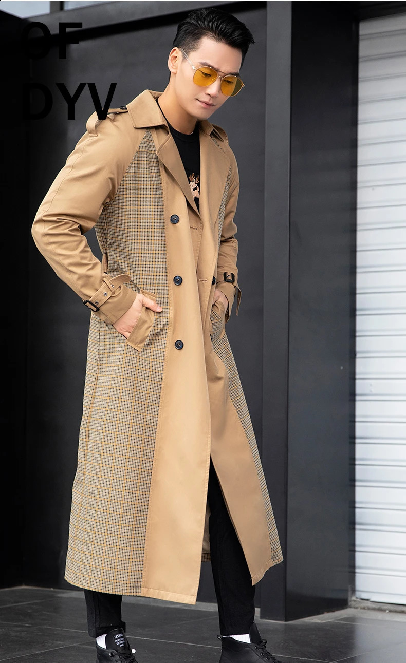 Autumn Winter Men Trench Plaid Patchwork n Coat Smart Casual British Style Double Breasted Outwear Turn-down Collar 240822