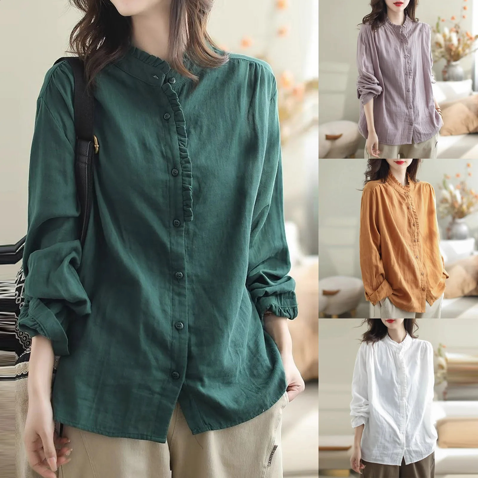 Womens casual spring and summer cotton linen long sleeved patch work clothes Ropa Mujer Tendencia 240822