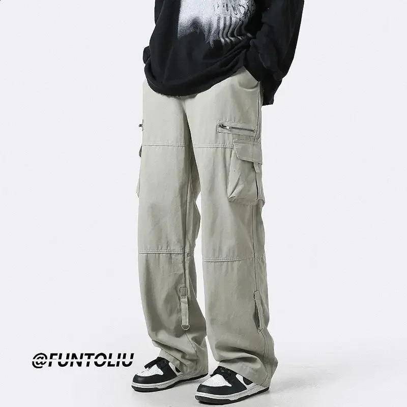 Deep green multi pocket cargo pants mens autumn Japanese trend straight leg loose casual niche zipper direct 240823