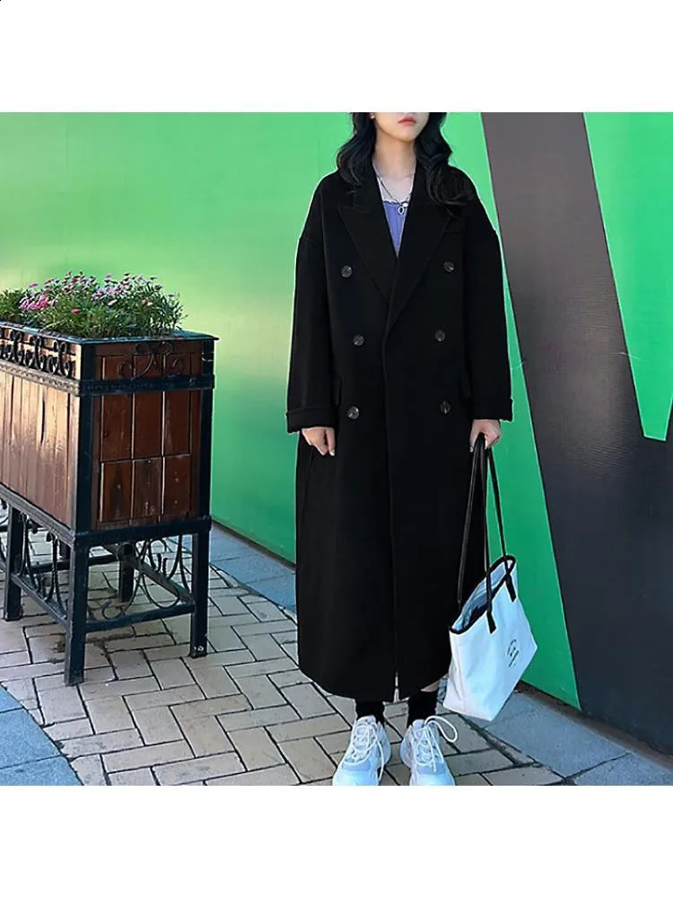 Winter Korean Style High-End Handmade Double Breasted Black Long 100% Wool Coat Women Lapel Loose Warmer Woolen Jacket 240822