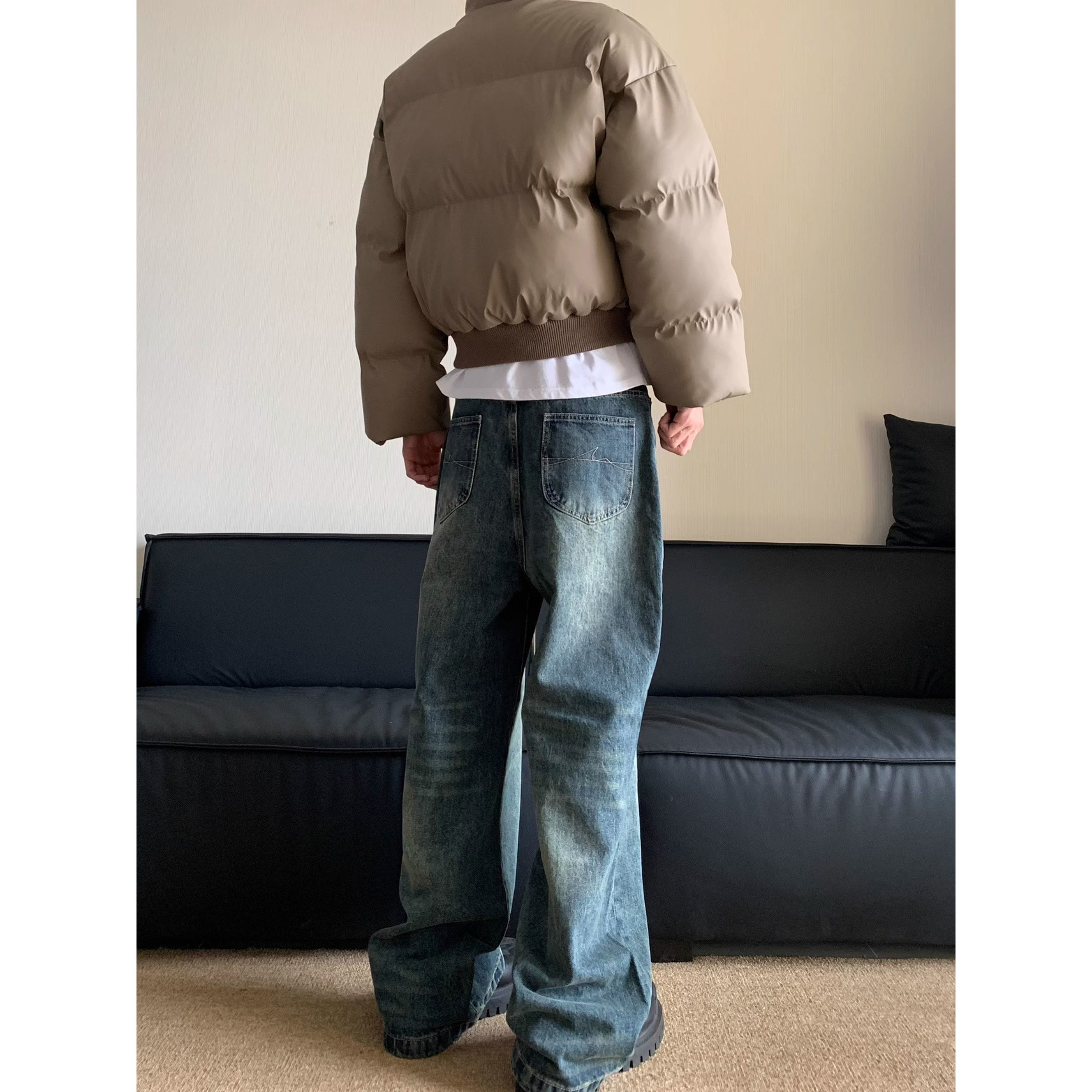 American Washed Vintage Printed Jeans Trendy Mens Spring New Style Loose Design Straight Leg Pants