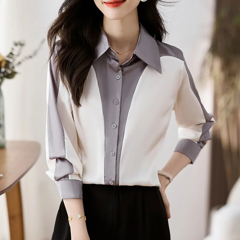 Women Clothing Spring Tops Long Sleeve Patchwork Chiffon Shirts Chic Contrast Office Korean Fashion Casual Blouse Female 240823