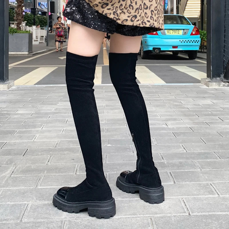 Winter long tube knee high boots for women Leather black thin stretch boots thick soled square boots knight boots 240823
