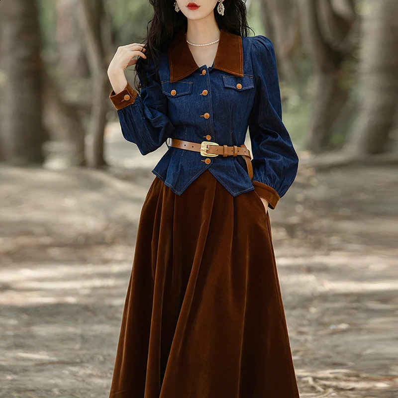 Two-Piece Matching Sets for Women Velvet Skirt and Denim Jackets Coats Cropped Top Suit Casual Suits Outfits Spring Fall 240823