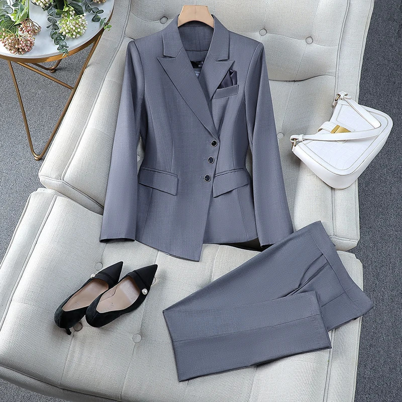 Trend 2024 Spring/Summer New Solid Elegant Irregular Jacket and High Waist Wide Leg Pants Two Piece Womens Office Set 240823