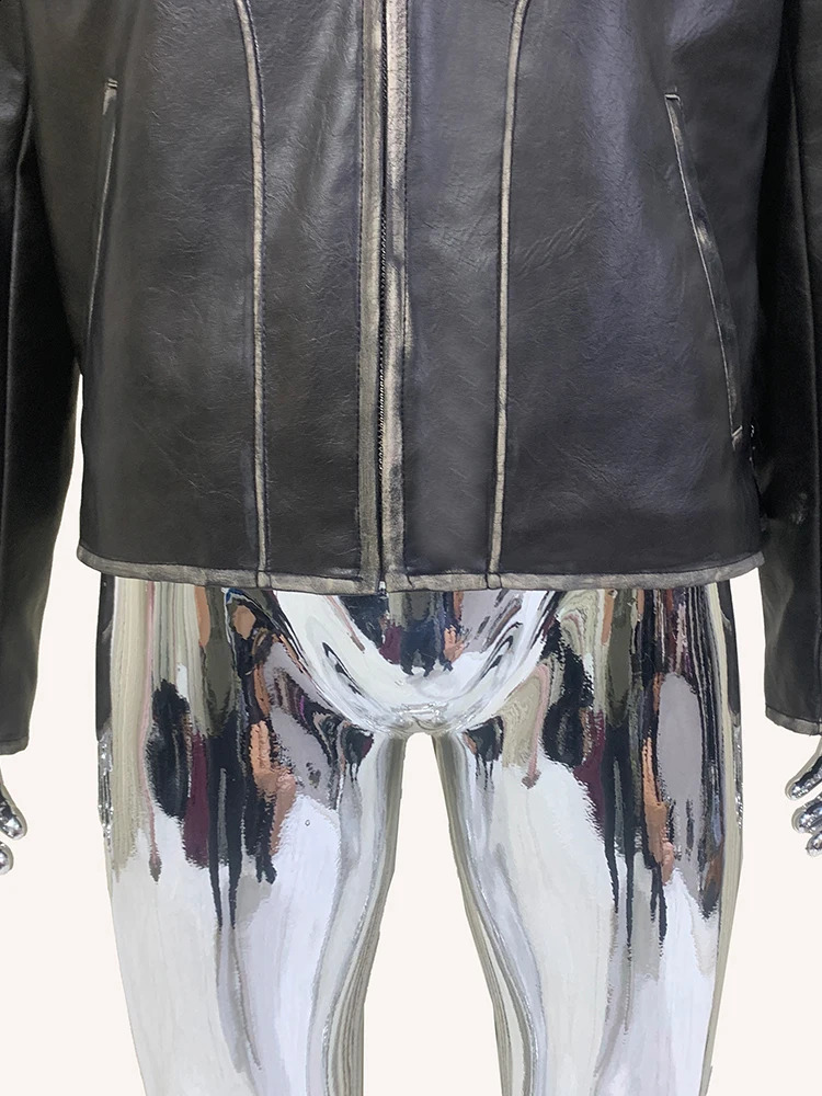 Nerazzurri Spring Autumn Washed Distressed Black Pu Leather Jacket Men Quilted Lining Turn-down Collar American Retro Clothes 240822
