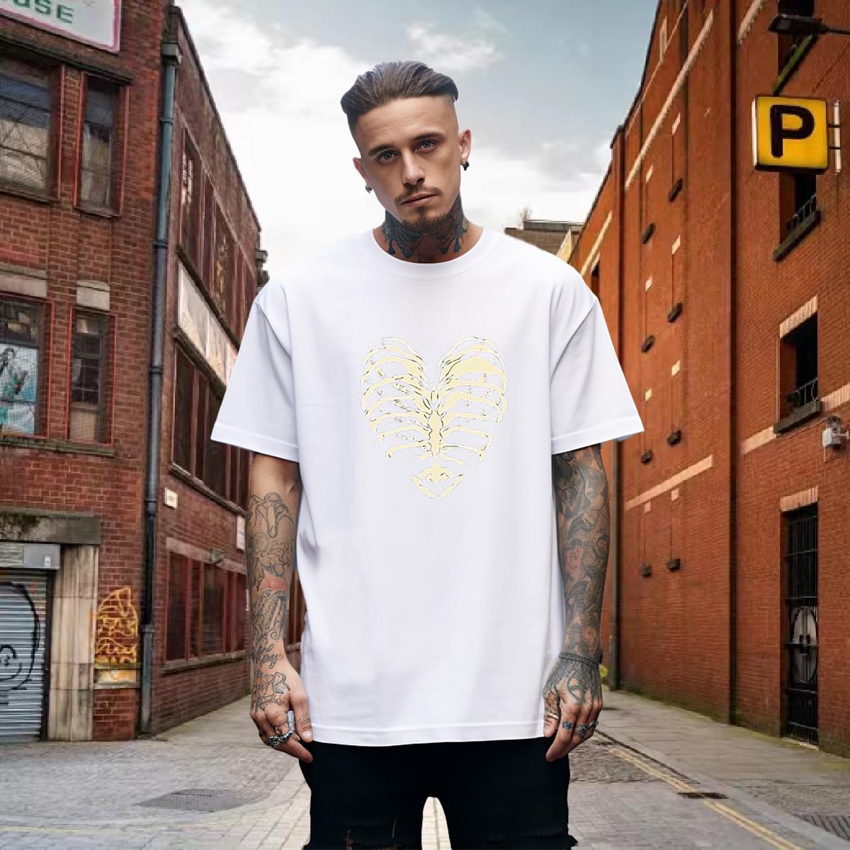 Free Shipping T-Shirts for Men 230g Cotton skull Daily Outfit White Plus Size Breathable Crew Neck Tshirts Fashion Casual Tees Shirts