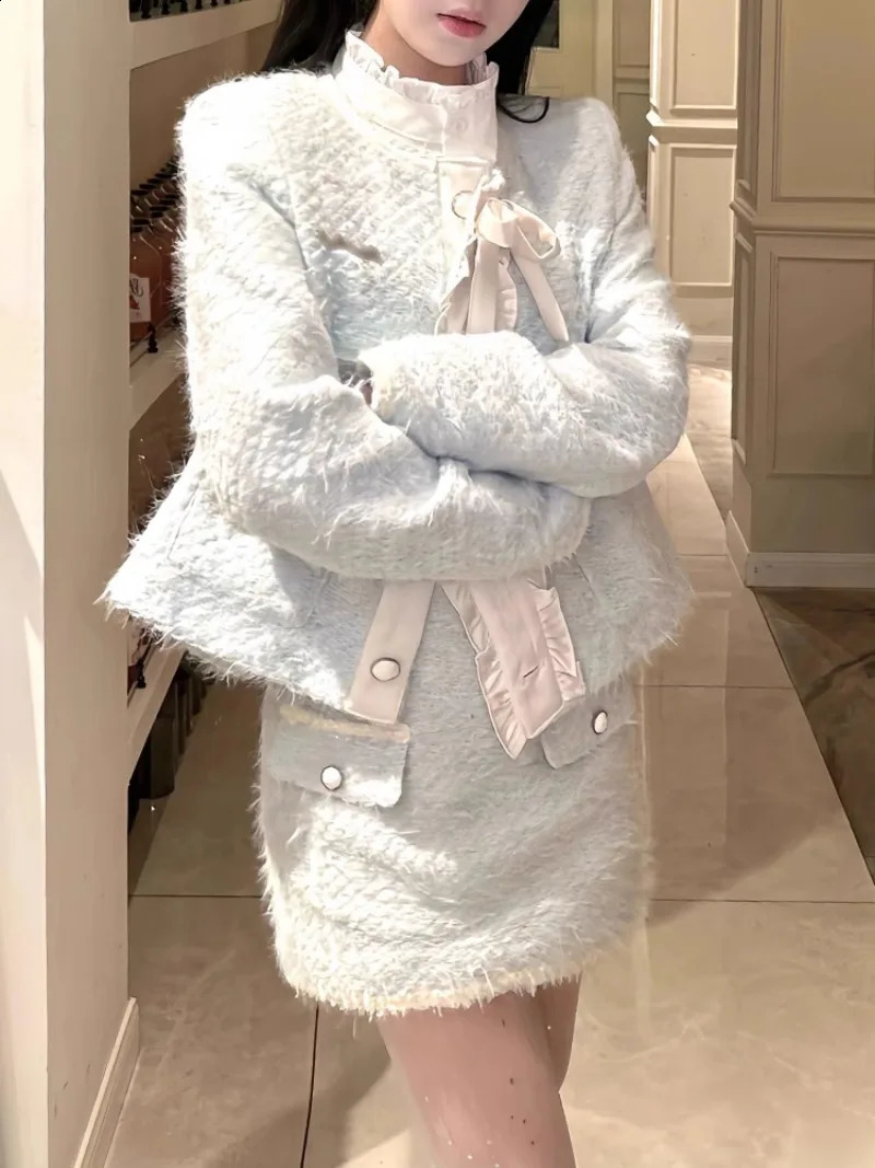 Temperament Fashion Jacket Skirt Two-piece Set Women O-Neck Lace Up Flounce Splice Single Breasted Gentle Blue Slim Spring Suit 240823