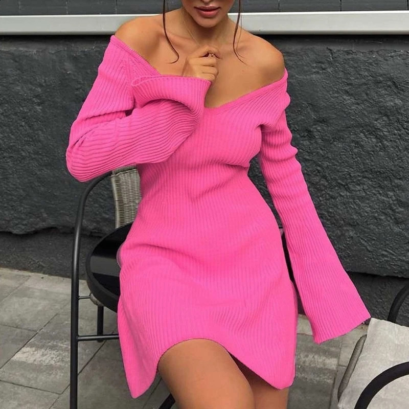 Women Sexy V Neck Long Sleeve A Line Casual Swing Rib Knitted Mini Sweater Dress 240823