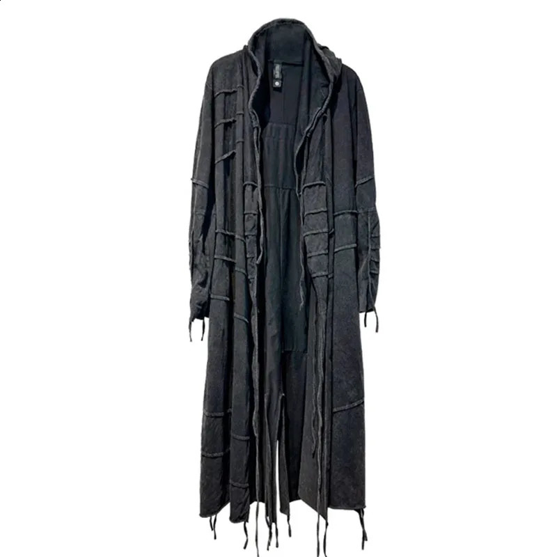 Vintage Mens Distressed Hooded Cape Hanging Vertical Cut Long Windbreaker Darkwear Gothic Style T-shirt Coat for Male 240822