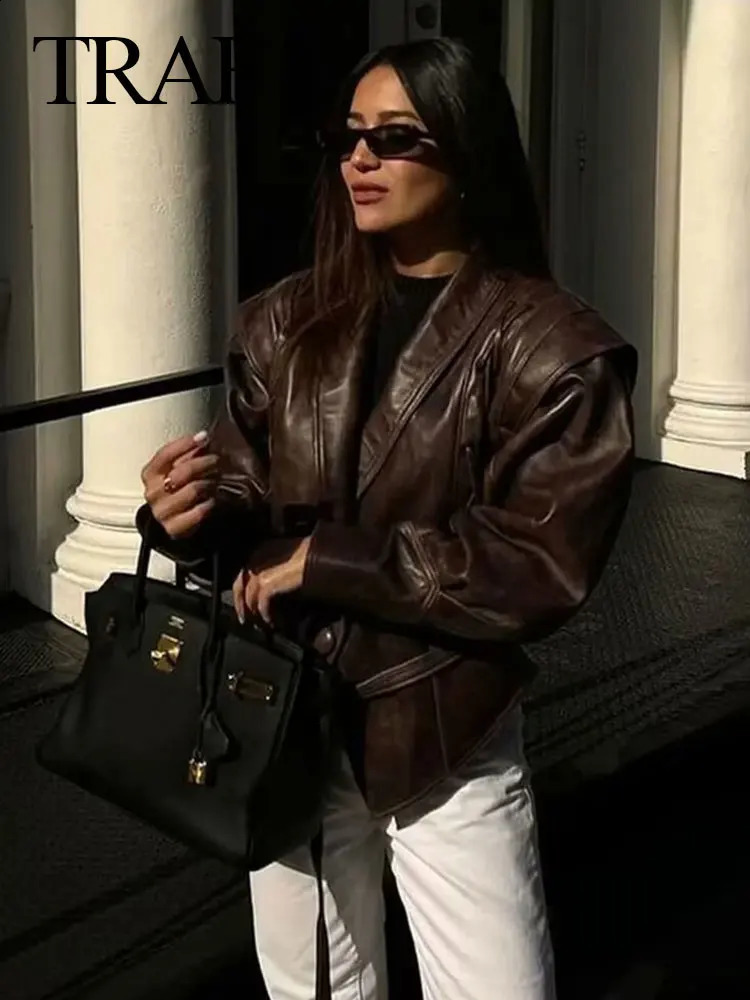 TRAF Female Street Leather Jacket Spring Womens Versatile Brown Long Sleeves V-neck Single Breasted Lace-up Causal Coats 240823