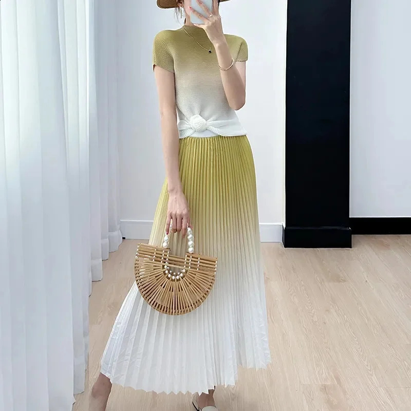 Color Two-Piece Set Womens Summer Fold Elastic High end Gradual Layered Pleated Top Gentle Hundred pleated Skirt And T-Shir 240823