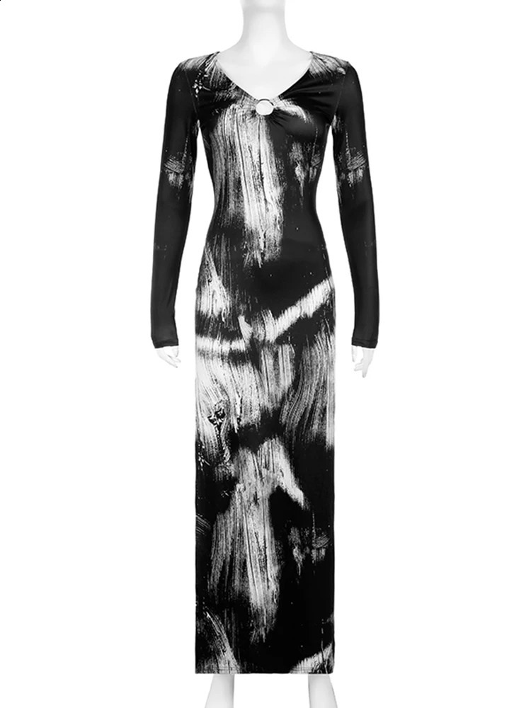 IAMSURE Slim Hollow Out Printed Split Dress Holiday Sexy V-Neck Long Sleeve Maxi Dresses For Women Autumn Spring Ladies 240823