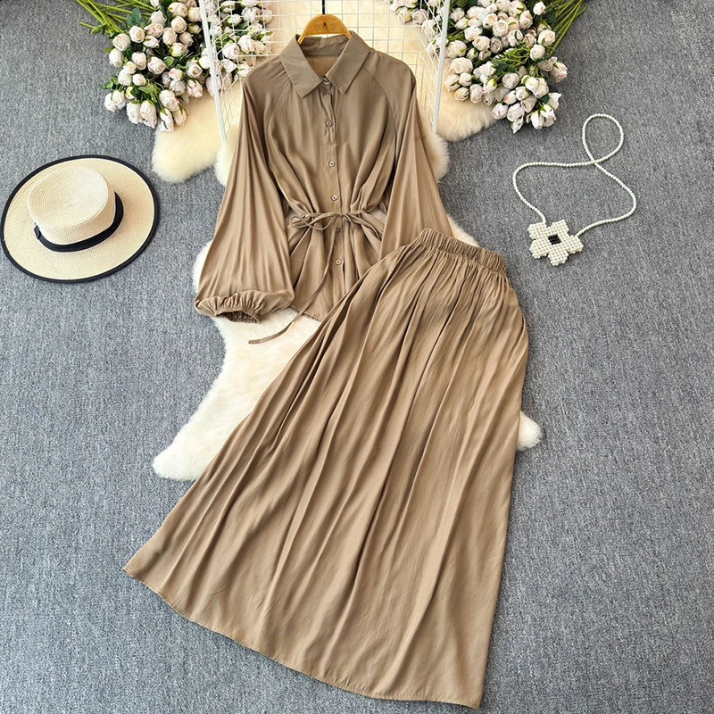 EWQ Casual Solid Color 2 Piece Sets For Women Lapel Collar Belt Gathered Waist Top Loose Long Simplicity Skirt 27X181 240823