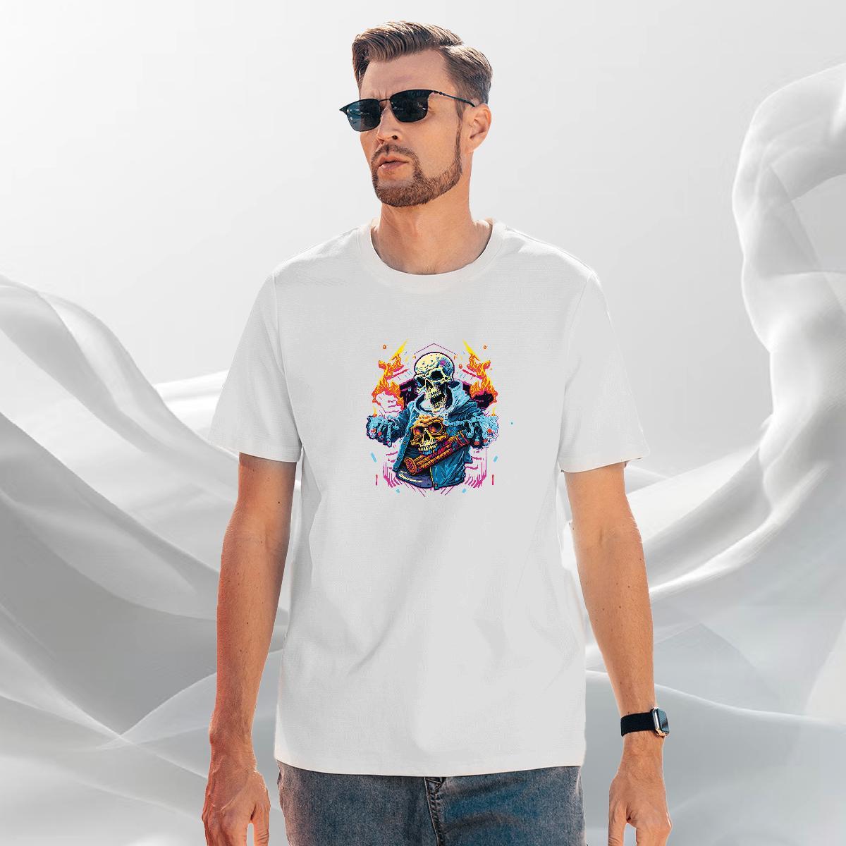 TOP Quality Man T Shirts 230g Pure Cotton skull Hip Hop Street DIY Anime Short Sleeve Soft Men Tops Tees Classic Casual Tee Shirt