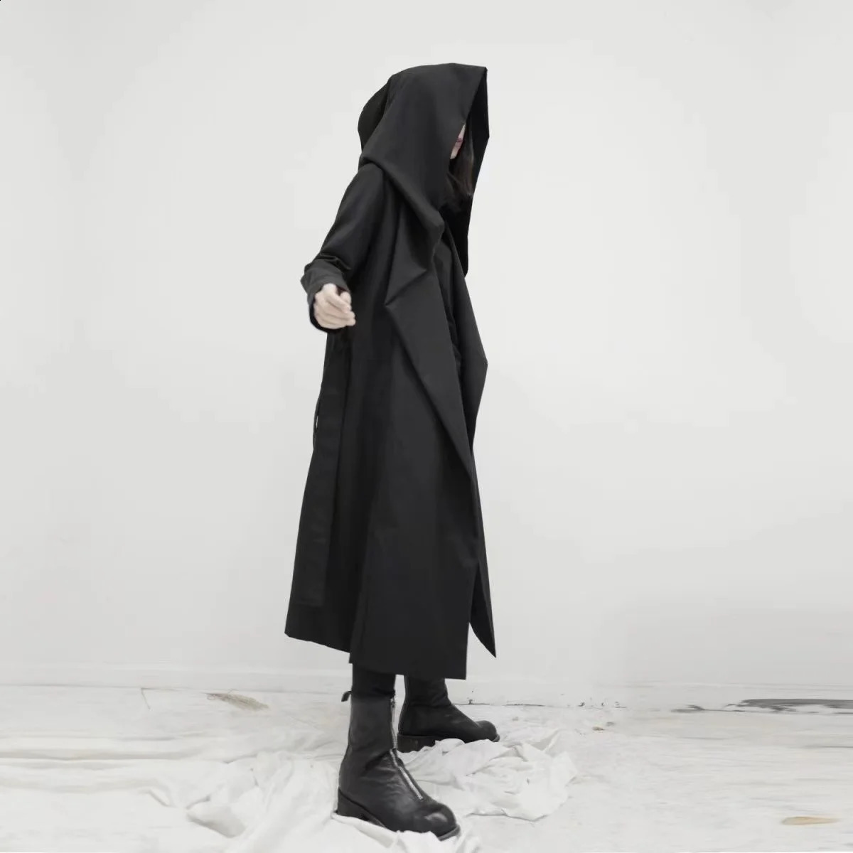 ARENS Hooded Trench Coat Men and Women Gothic Punk Lace Up Cardigan Long Windbreaker Fall Korean Dark Black Style Punk Overcoat 240822