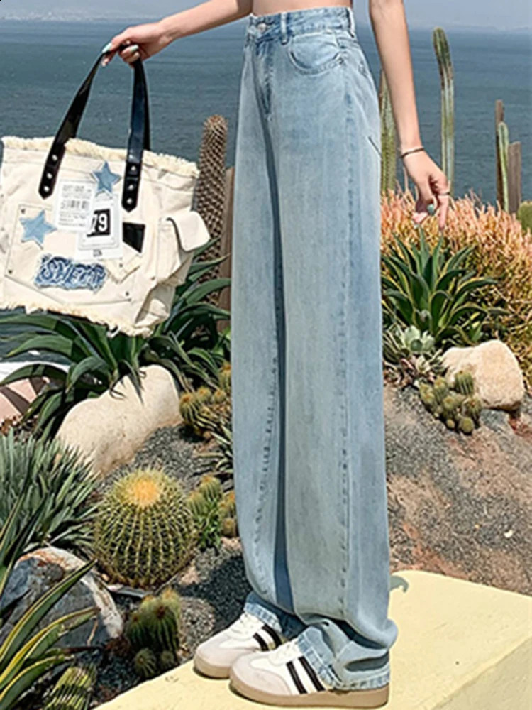 Womens high waisted retro nostalgic thin Trouser womens Tencel cotton loose wash denim jeans blue wide leg pants 240823