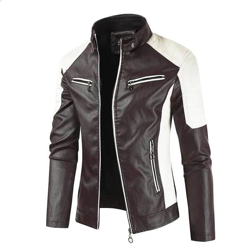 Mens Winter Pu Jacket Motorcycle Waterproof Cool Contrast Colors Classic Biker Leather Jacket Motor Autumn Coat 240822