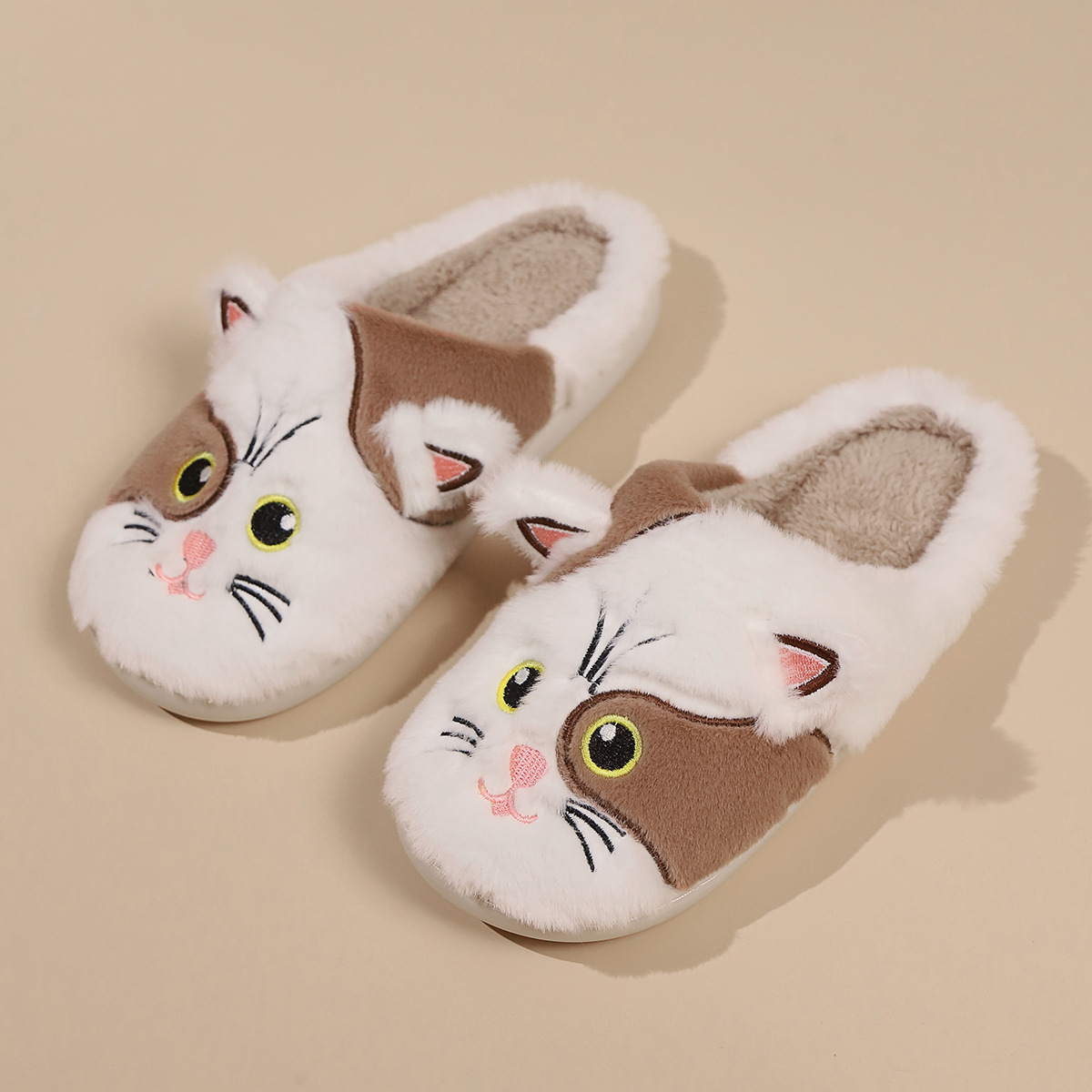 Design slippers fashion cute kitten plush slippers autumn and winter warm cotton slippers 2024 new outdoor indoor flat casual shoes warm Brown Black