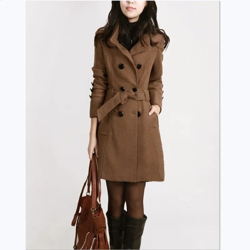 winter woolen coat with belt women ladies autumn Slim long sleeve woolen coats chic overcoat 240822