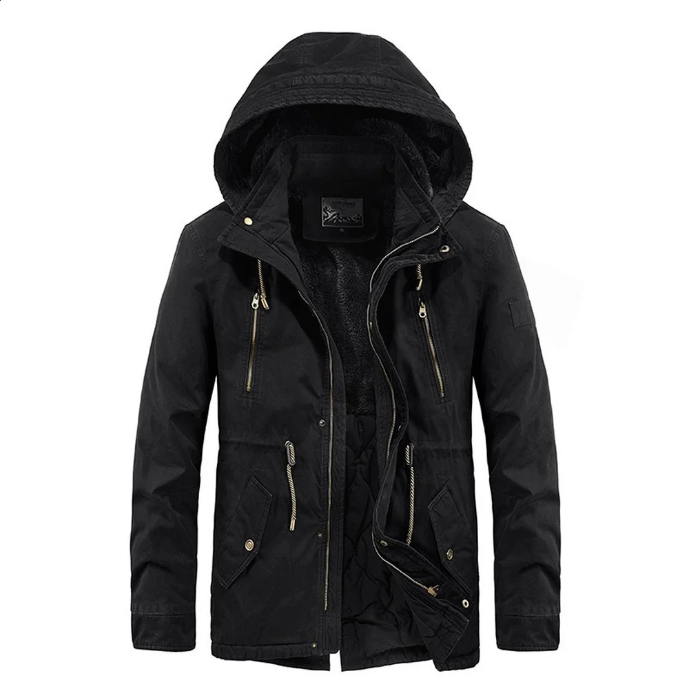 Mens outdoor jacket with detachable hood Casaul autumn and winter military mens hooded Parka wool lining thickened warm 240822