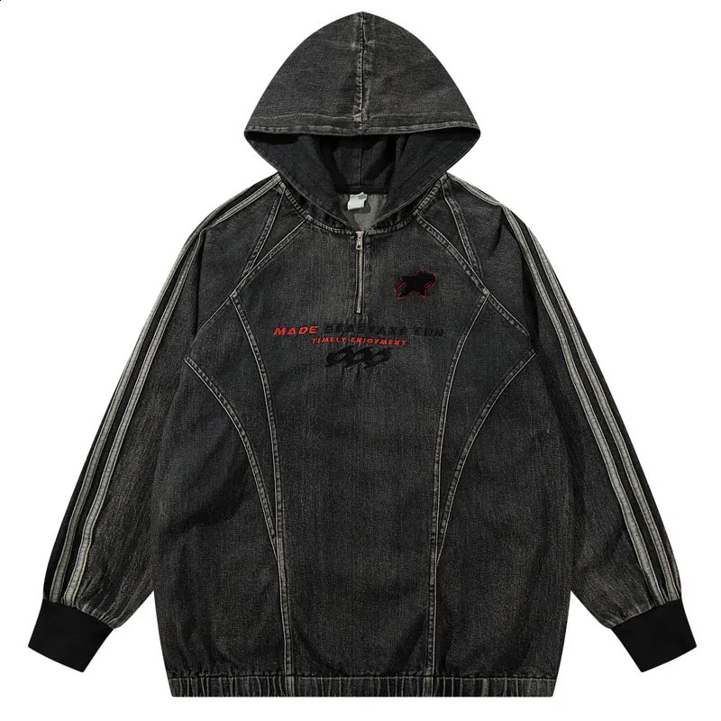 Vintage Denim Hoodie Jacket Y2K Embroidered Half Zip Up Oversized Hooded Jean Sweatshirt Coat Streetwear Hip Hop Baggy Pullover 240822