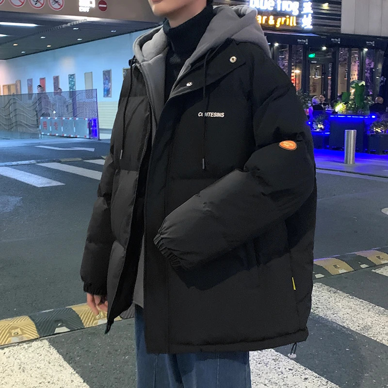 Harajuku mens casual loose thick Parkas winter solid jacket hooded womens streetwear 240822