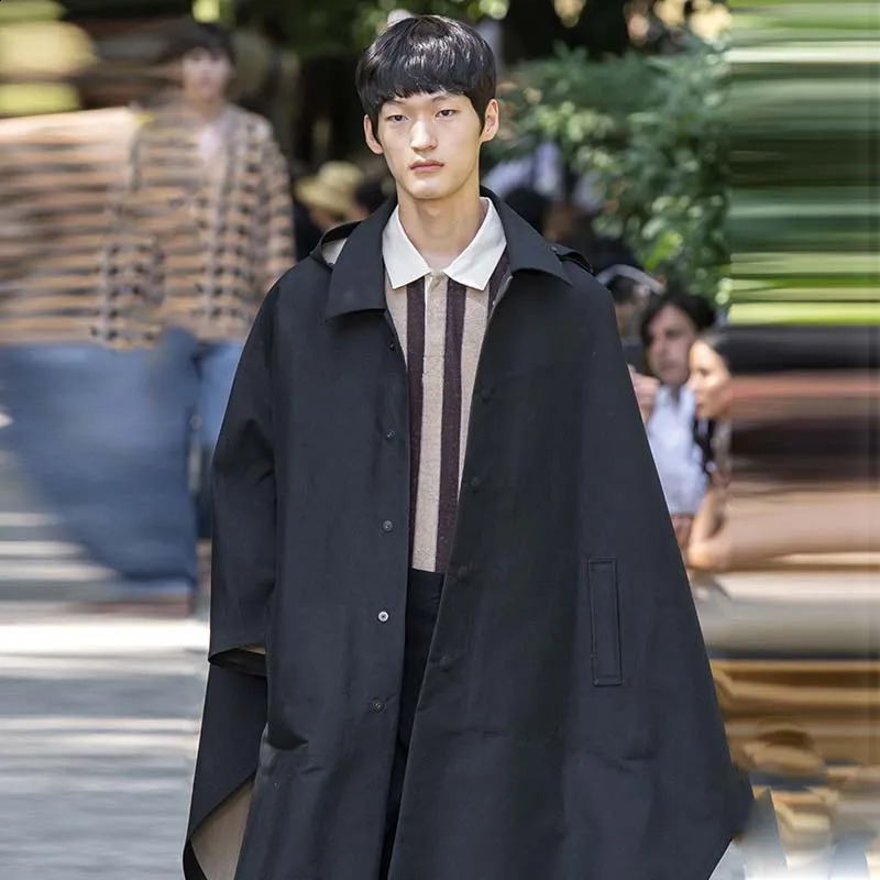 Mens Black Shawl Cloak Single Breasted Windbreaker Mens Dance Trend Hip Hop Knee Loose Coat Long Loose Cloak 240822