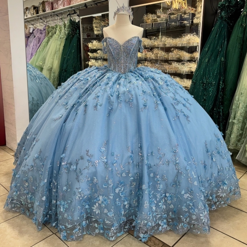 Shiny Quinceanera Dresses Ball Gown Off The Shoulder 3D ral Lace Applique Beaded Ruffles Sweet 16 Vestido 15 De Anos