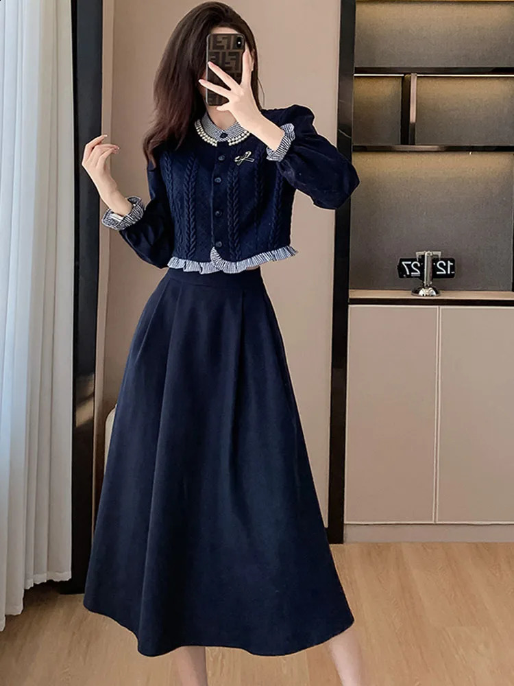 Autumn Fashion Two Pieces Set Korean Women Vintage Ruffles Knitted splicing Shirt Top A-Line Midi Skirts Elegant Outfits 240823