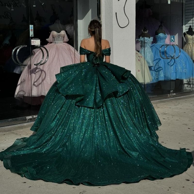 Blackish Green Off The Shoulder Quinceanera Dresses Ball Gown Glitter Beading Pleat Tull Vestidos De 15 Anos Party Brithday Sweet 16 Dress