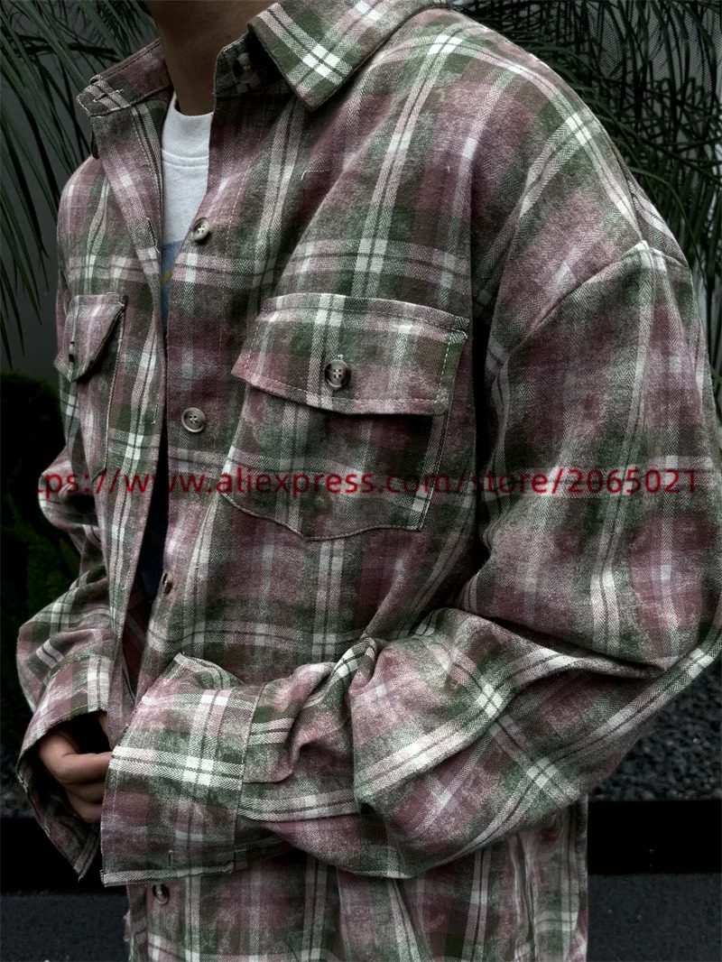 Retro Distressed Halo Dyeing Flannel Cotton Plaid Shirts Men Women Oversize Shirts Top 240822