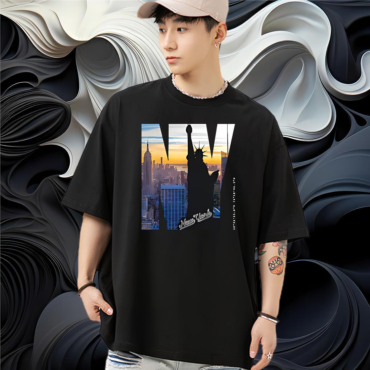 High Quality T Shirts Men 230g 100% Cotton Statue of Liberty Sport DIY Printed Short Sleeve O-Neck Couples T Shirts Fashion New Tees Shirts