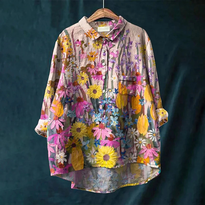 Summer Womens Retro Colorful Hen Art Long Sleeve Pocket Shirt Hawaiian Style Printed Vneck Top 240823