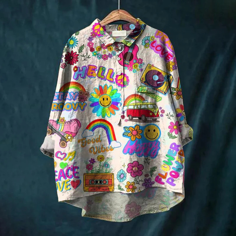 Summer Womens Casual Shirt Retro Floral Art Long Sleeve Pocket Hawaiian Style Printed Vneck Top 240823