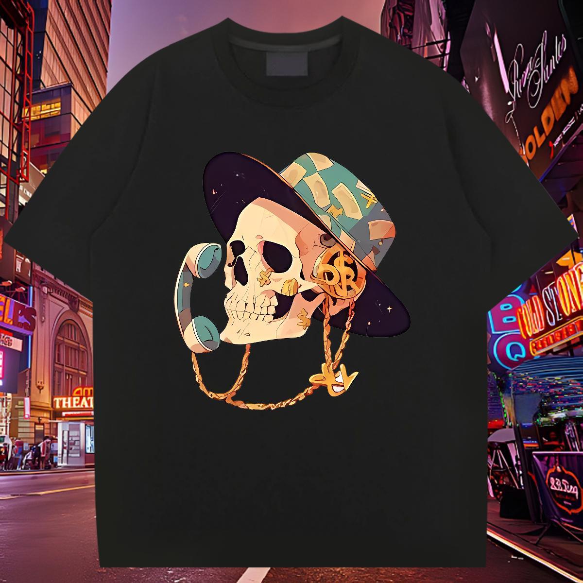 TOP Quality T-Shirts for Men 230g 100% Cotton skull Casual Asian Size Round Neck Short Sleeve Men Tshirts Fashion New Tees
