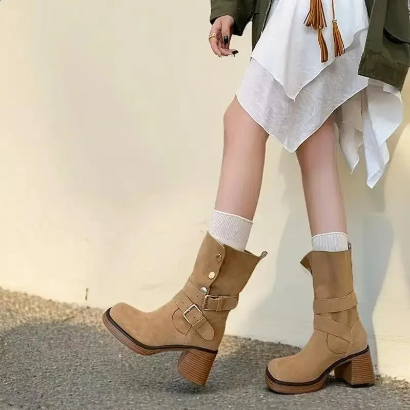 Womens warm boots Western style cow leg boots stacked solid frosted pleated shoes and pedal shoes 240823