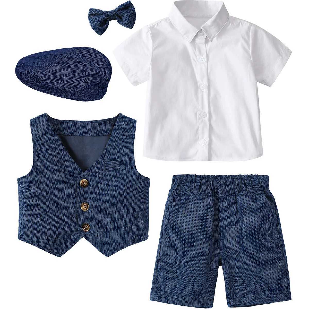 Baby boy costume with hat childrens wedding set baby birthday party baptismal attire gentlemens formal short sleeves 4 pieces W240823