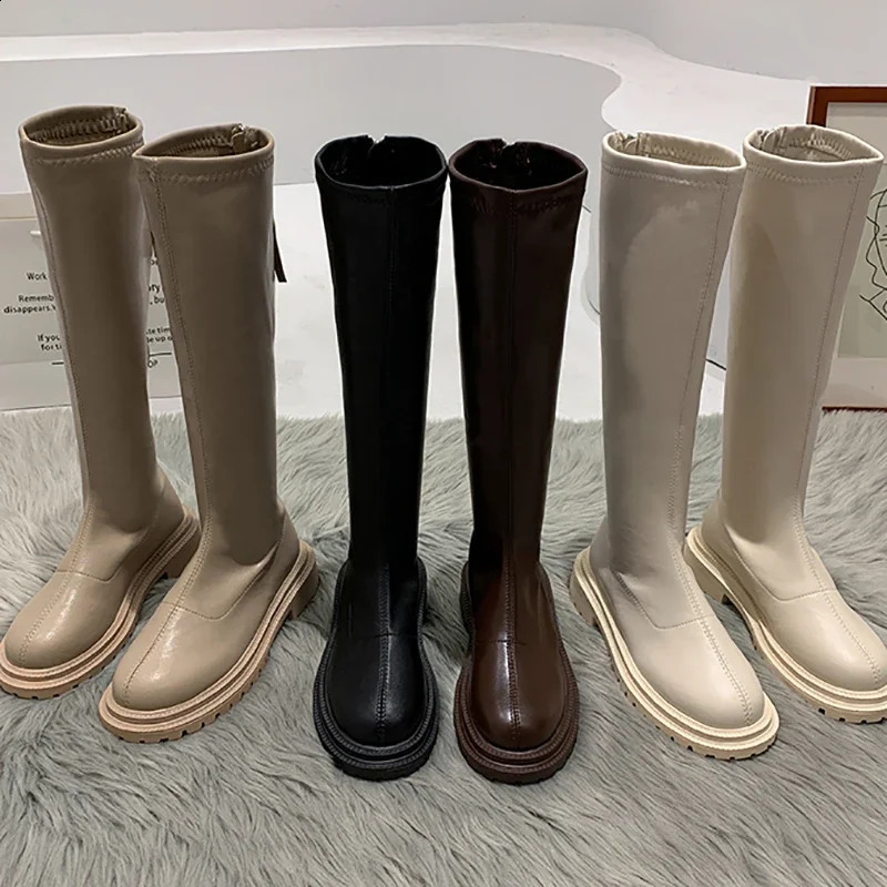 Autumn and Winter Warm Fur Womens Knee High Boots Fashionable and Elegant Strap Zipper Shoes Square Low Boots Womens Knight Long Boots 240823
